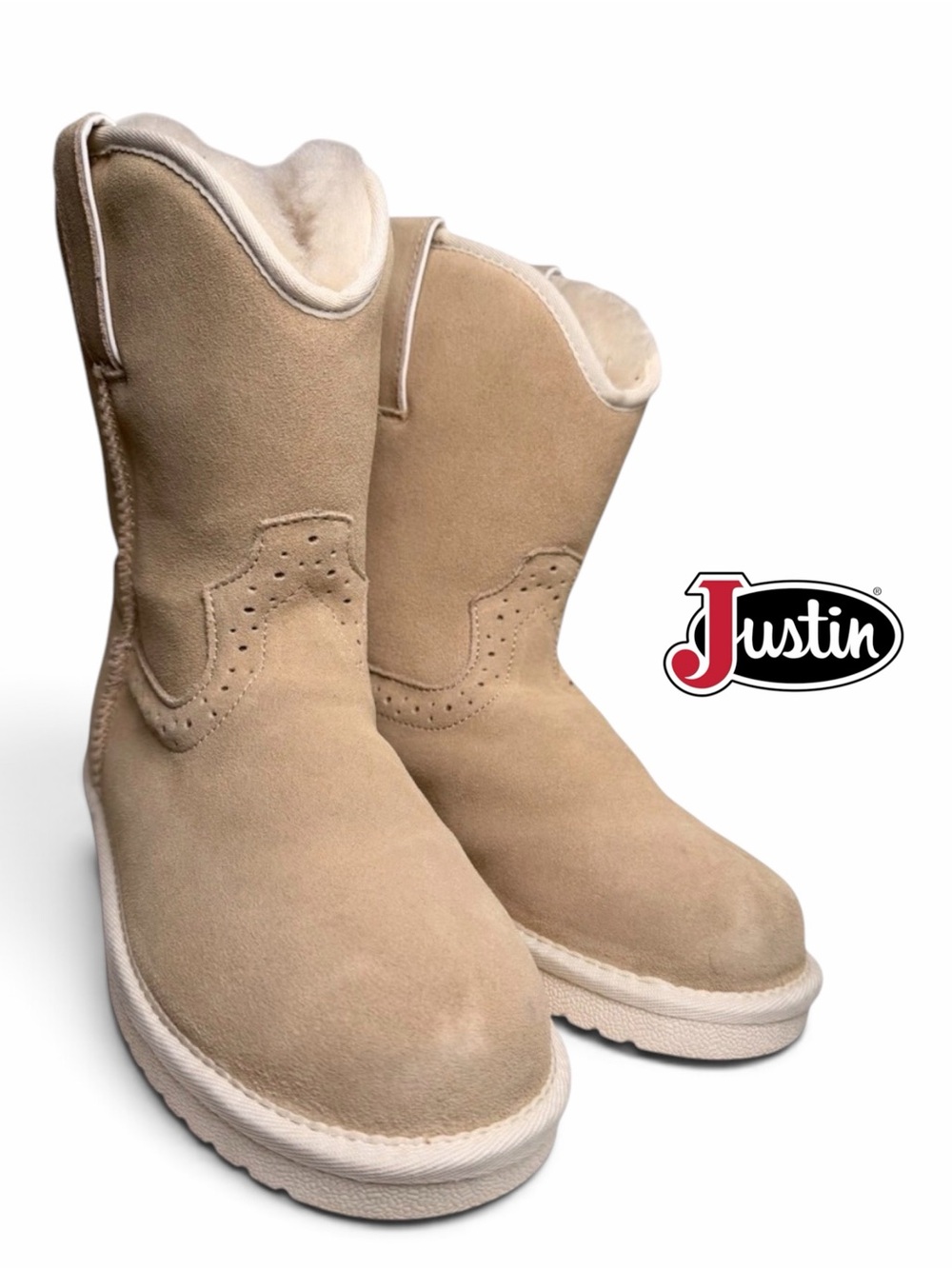 Justin Boots Heidi Suede Winter Boots Shearling Lined Beige Womens 9